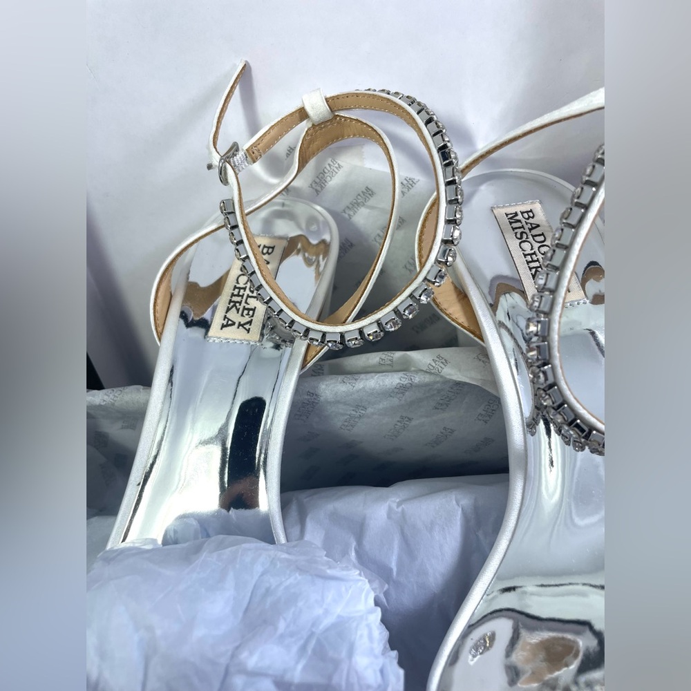 Badgley Mischka Tasmine Tall Evening Sandals. White Satin. - Picture 2 of 14